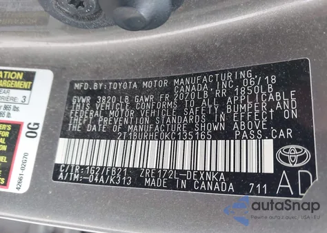 2019 Toyota Corolla Le z USA, uszkodzony, nr VIN 2T1BURHE0KC135165